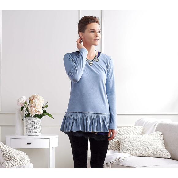 LOGO by Lori Goldstein Cotton Slub Knit Top with Pleated Hem Sz Large - Picture 2 of 11